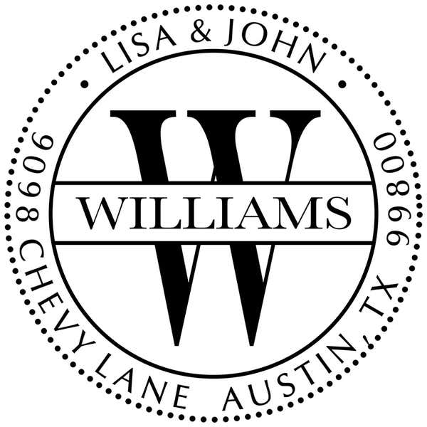 Impression in black of the Williams Monogram Round Return Address Embosser