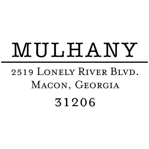 Impression in black from the Mulhany Rectangular Return Address Embosser