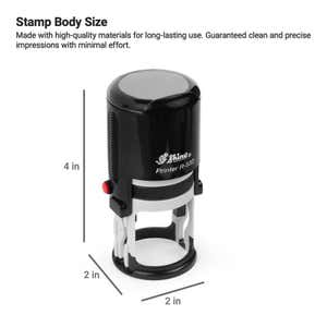 Shiny R-532 round self-inking stamp with a compact cylindrical body, shown with dimensions of 4" tall x 2" in diameter