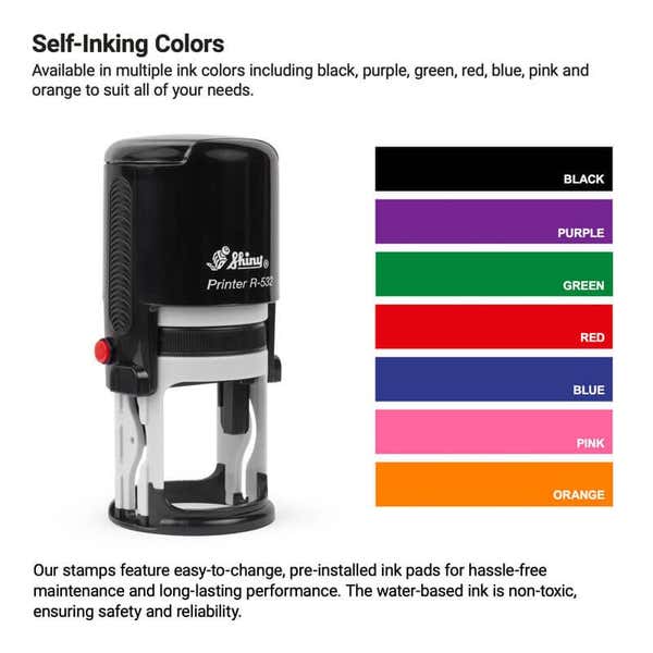 Image of a self-inking stamp. Next to it is a color chart displaying ink options: black, purple, green, red, blue, pink, and orange. Text details the stamps features, including easy-to-change ink pads.