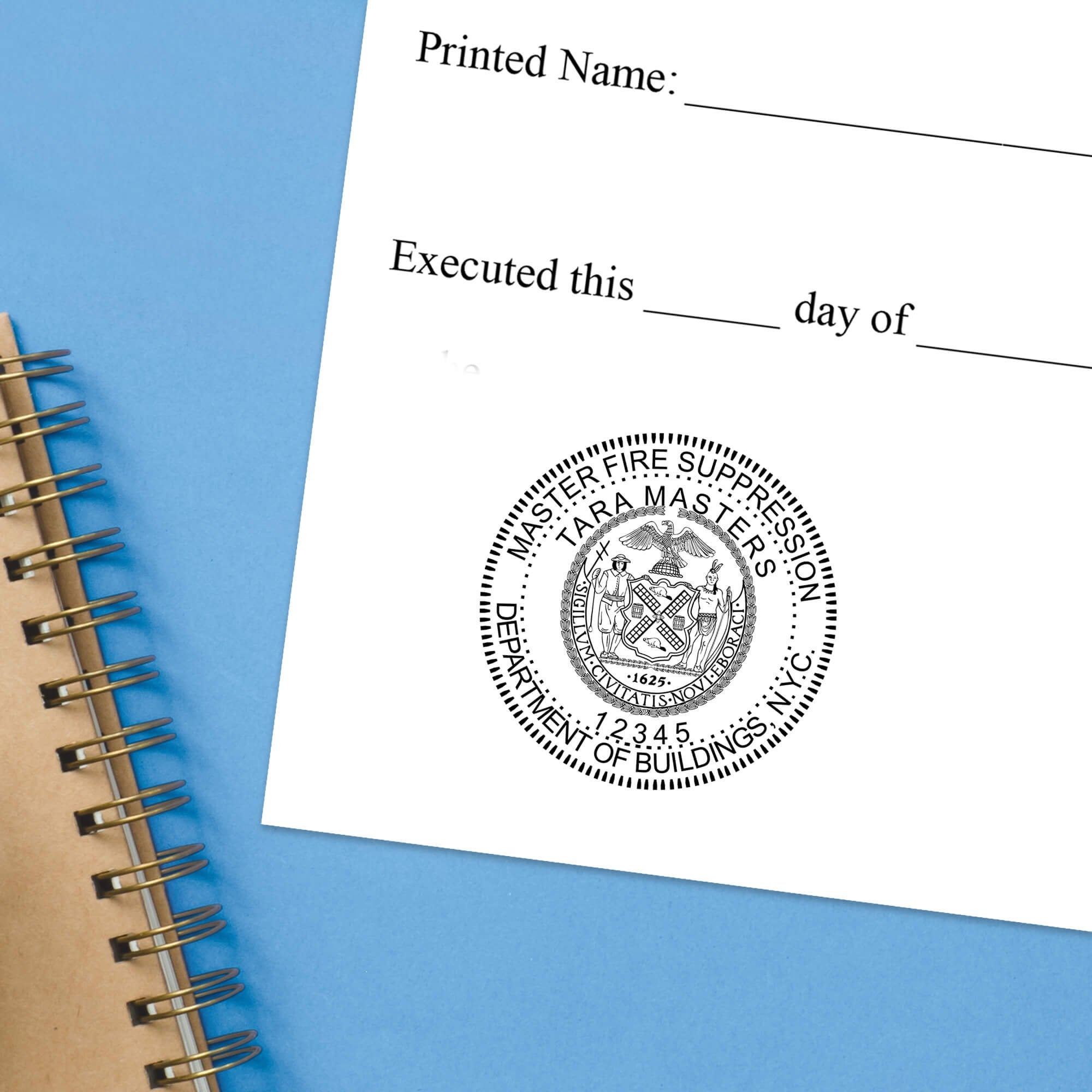 The State of New York Master Fire Suppression Seal impression at the bottom of a document with a blue background