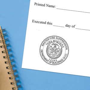 The State of New York Master Fire Suppression Seal impression at the bottom of a document with a blue background