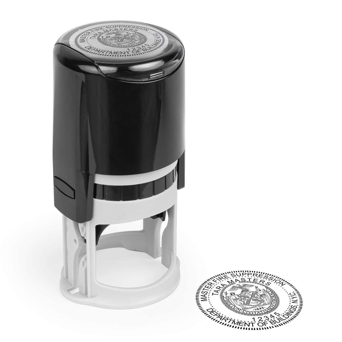 The State of New York Master Fire Suppression Seal impression and a self-inking stamp on paper