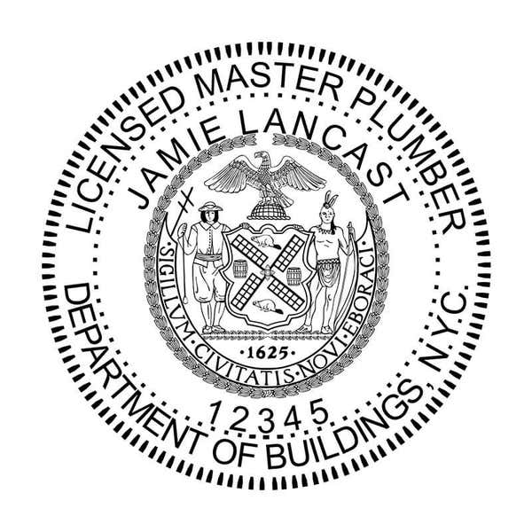 Licensed Master Plumber NYC stamp with official New York City seal and custom name.