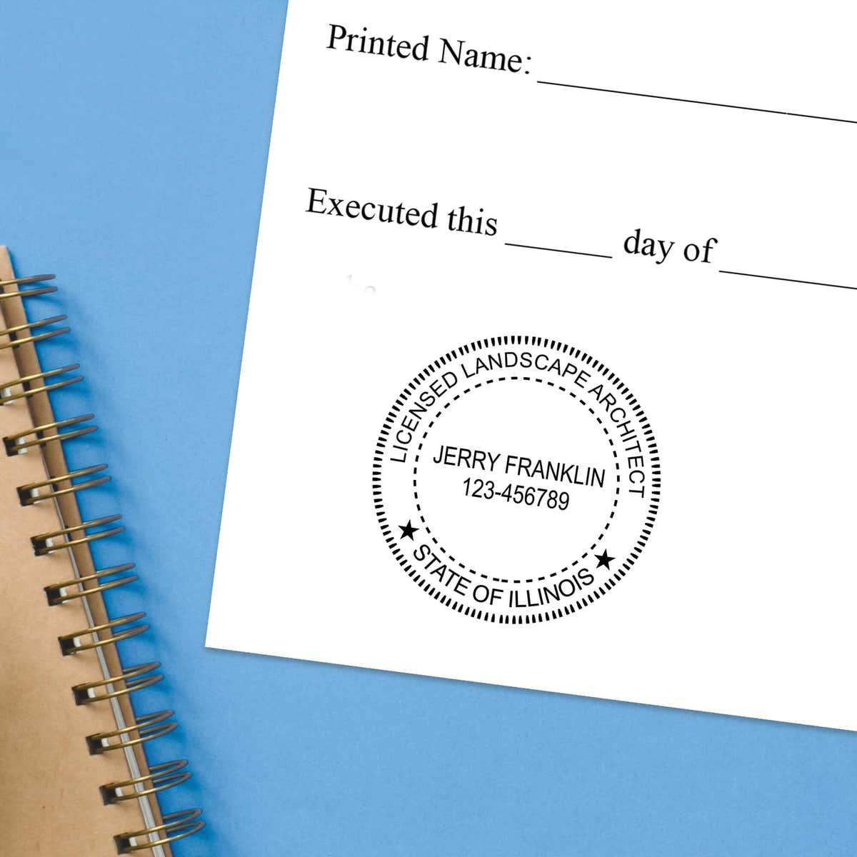 The State of Illinois Landscape Architect Seal impression at the bottom of a document with a blue background