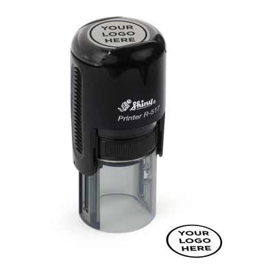 The half inch impression next to the Shiny R-517 self-inking stamp used with our Mini Round Logo Stamp
