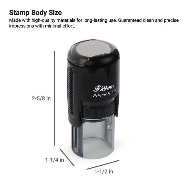 The compact Shiny Printer R-517 stamp shown upright with dimensions: 2-5/8" tall x 1-1/2" wide x 1-1/4" deep