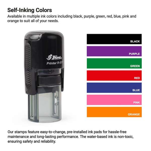 Self-inking stamp with a chart of color choices, highlighting non-toxic ink pads in a variety of vibrant shades: black, purple, green, red, blue, pink, and orange