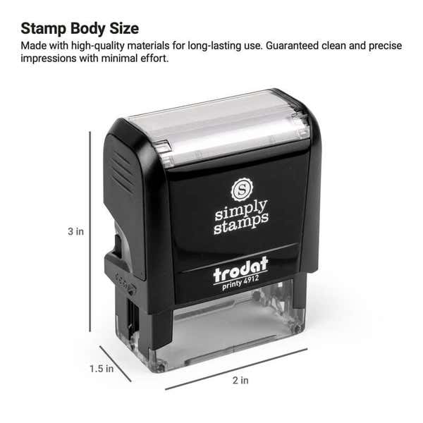 Simply Stamps Trodat Printy 4912 self-inking stamp shown upright with labeled body dimensions of 3" tall x 2" wide x 1.5" deep