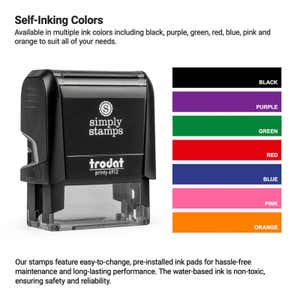 Image of a self-inking stamp. Next to it is a color chart displaying ink options: black, purple, green, red, blue, pink, and orange. Text details the stamps features, including easy-to-change ink pads.