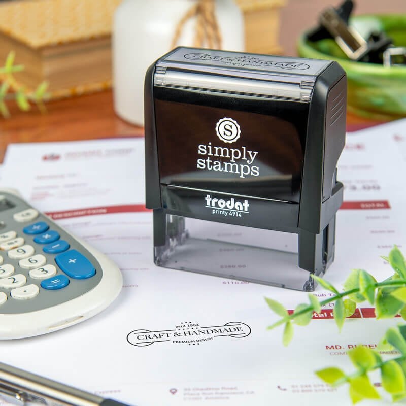 Trodat Printy 4914 placed on an invoice stamped with a decorative “Craft & Handmade” logo