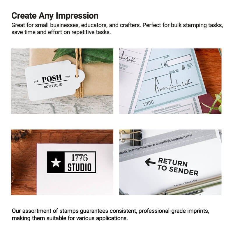 Examples of custom stamp impressions on tags, packaging, and paper