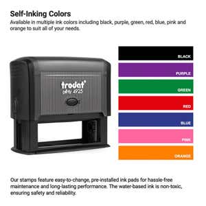 Image of a self-inking stamp. Next to it is a color chart displaying ink options: black, purple, green, red, blue, pink, and orange. Text details the stamps features, including easy-to-change ink pads.