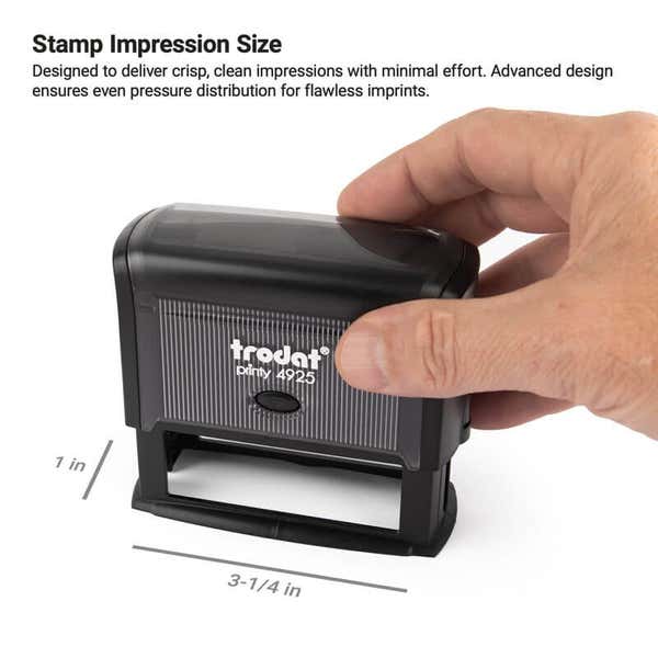 Hand pressing the Trodat 4925 stamp, demonstrating a large 3-1/4" x 1"