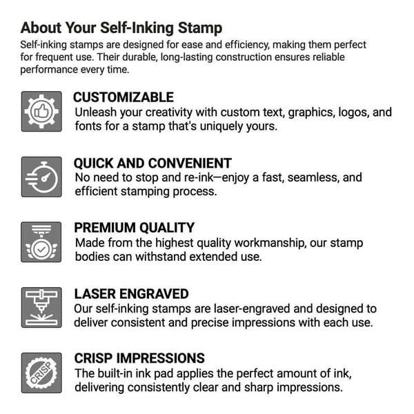 Infographic showing self-inking stamp performance features including customizablity, efficiency, premium quality, precise laser engraving, and clear impressions