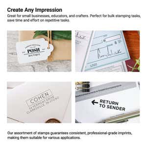 Examples of custom stamp impressions on tags, packaging, and paper