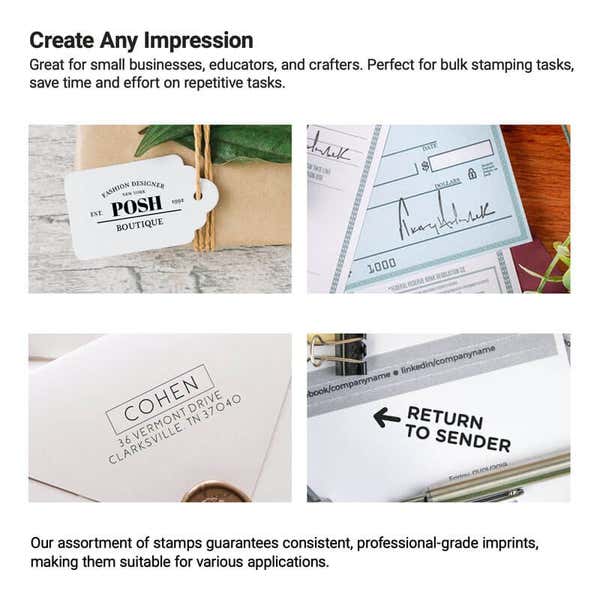Examples of custom stamp impressions on tags, packaging, and paper