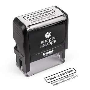 Custom Trodat 4914 self-inking stamp with placeholder logo and text showing a sample two-line impression for branding or contact details