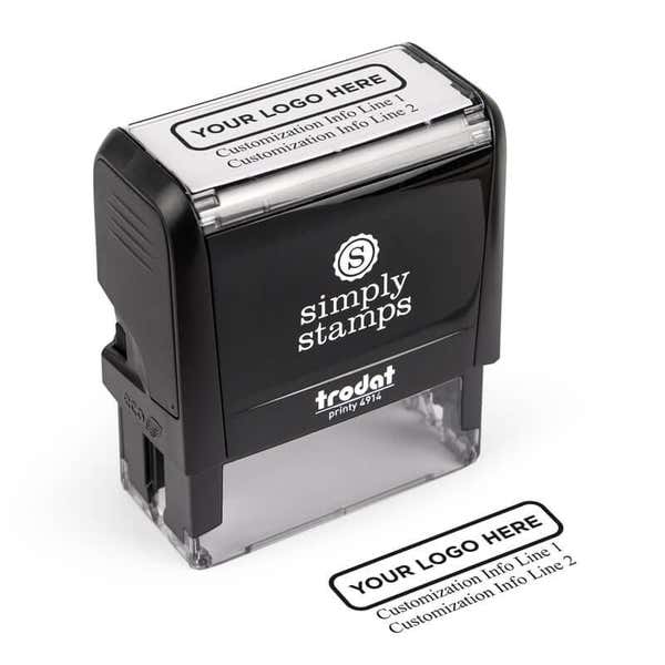 Custom Trodat 4914 self-inking stamp with placeholder logo and text showing a sample two-line impression for branding or contact details