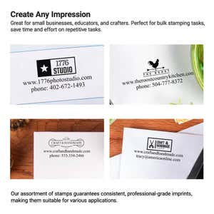 Four stamped examples showcasing business logos and contact info