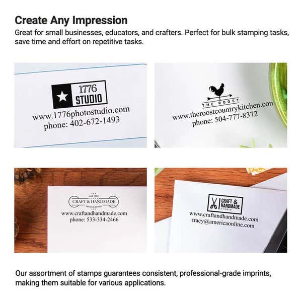 Four stamped examples showcasing business logos and contact info