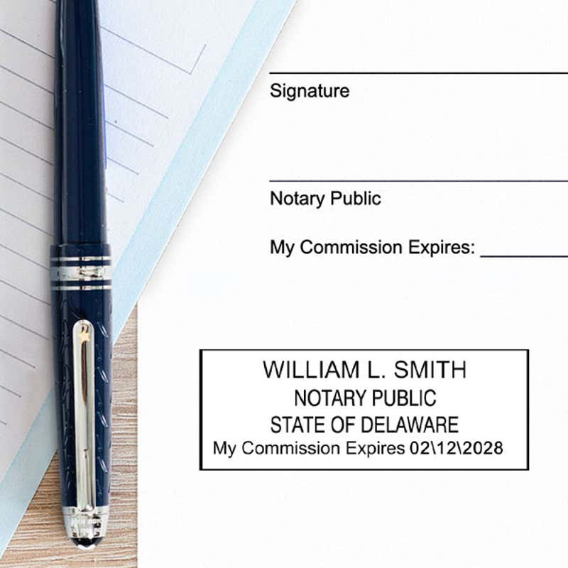 Delaware Notary Pink Stamp - Rectangle Impression on Paper