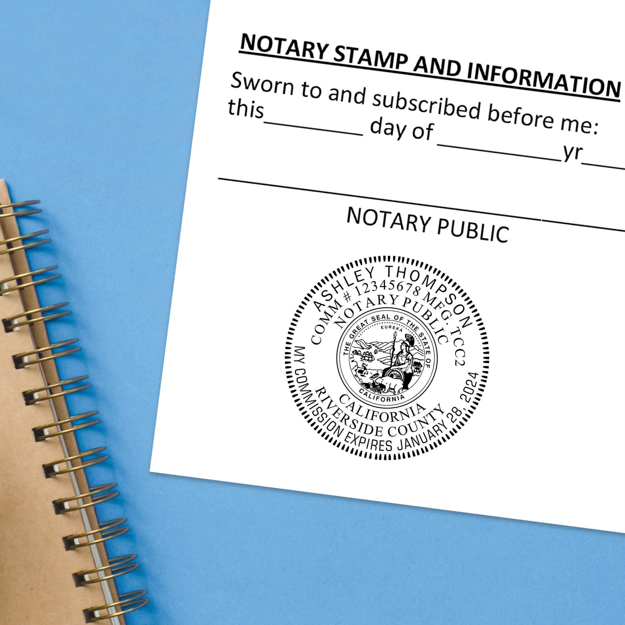California Round Notary Seal impression at the bottom of a document with a blue background