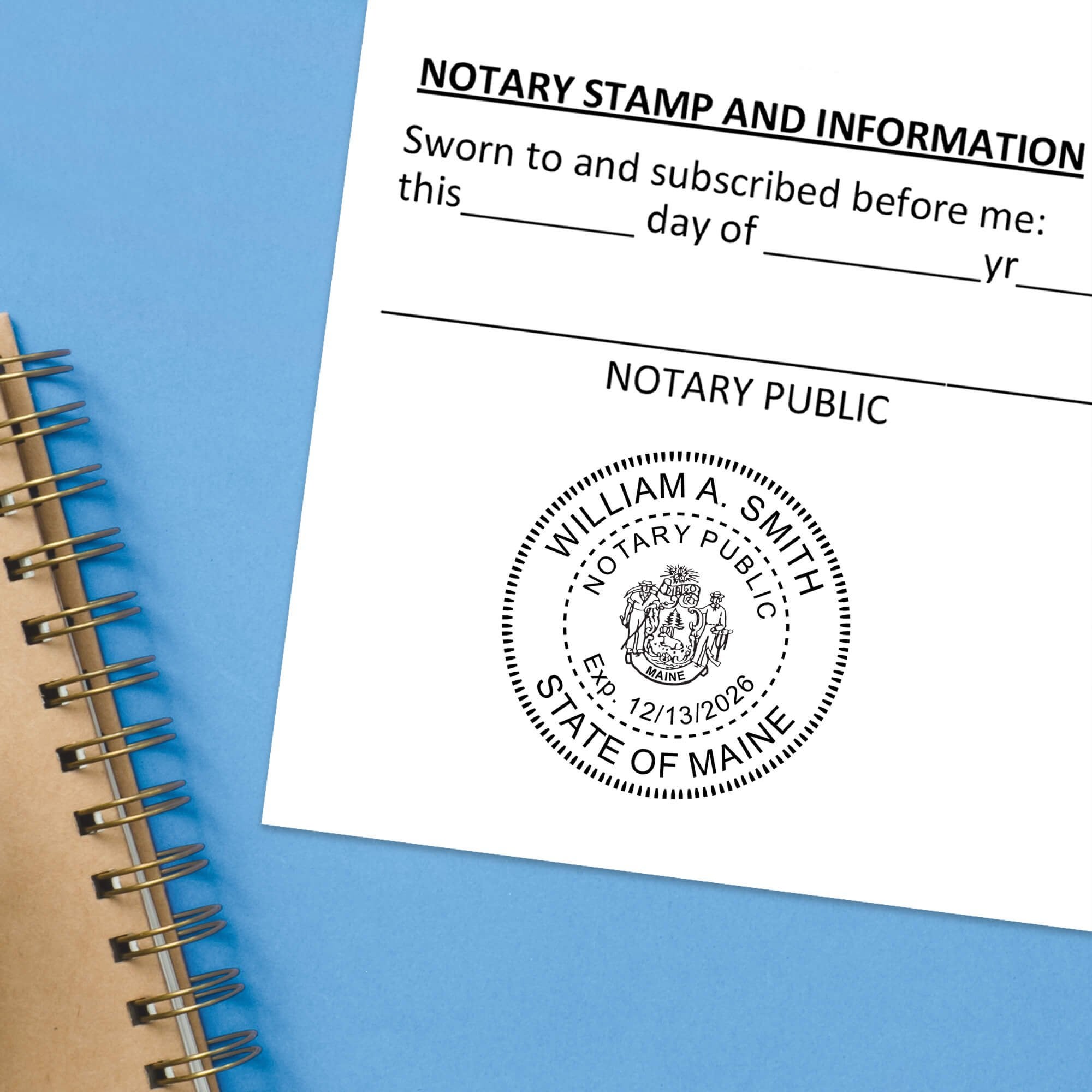 Maine Notary Seal Round with CREST impression at the bottom of a document with a blue background