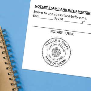 Maine Notary Seal Round with CREST impression at the bottom of a document with a blue background
