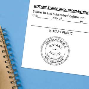 New Hampshire with Expiration Date Round Notary Stamp impression at the bottom of a document with a blue background