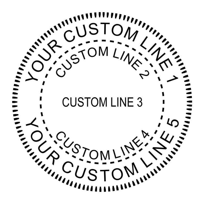 Custom 5 Line Round Border Design Stamp impression shown in black ink