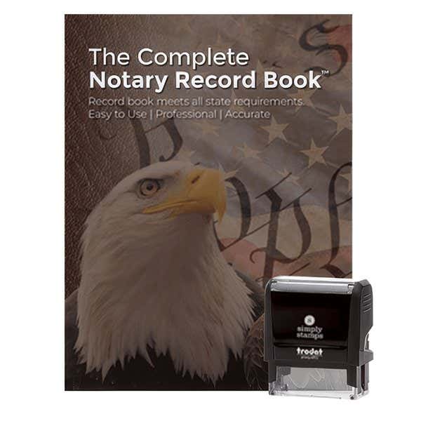 Notary record book with bald eagle cover beside a black self-inking notary stamp body.