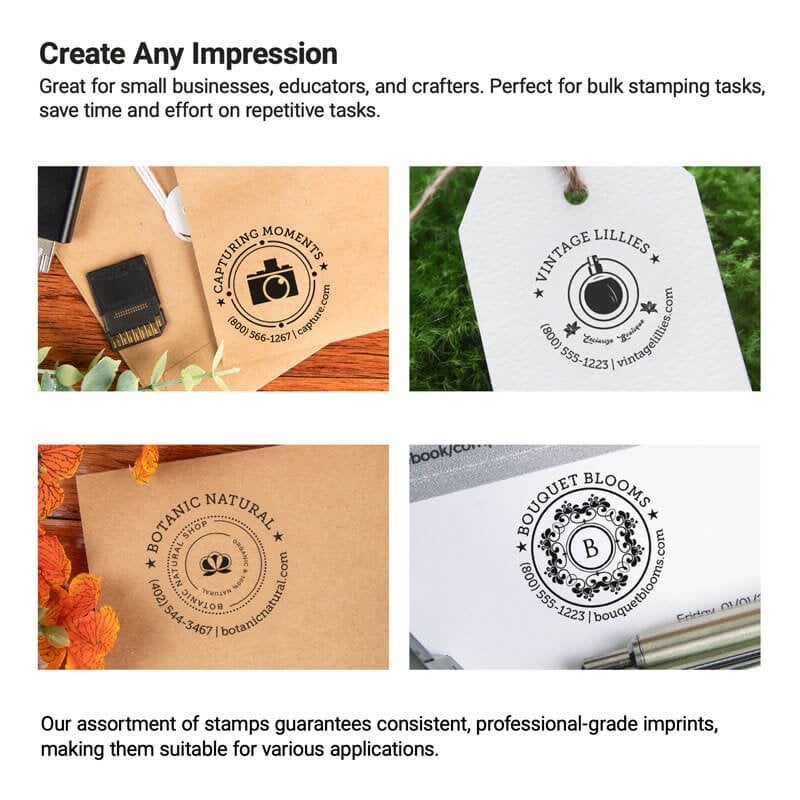 Examples of custom stamp impressions on tags, packaging, and paper