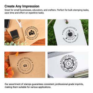 Examples of custom stamp impressions on tags, packaging, and paper