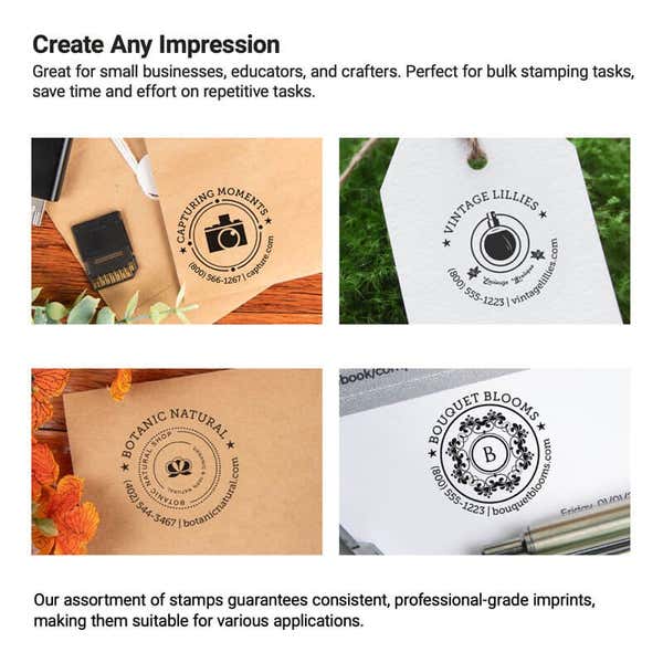 Examples of custom stamp impressions on tags, packaging, and paper