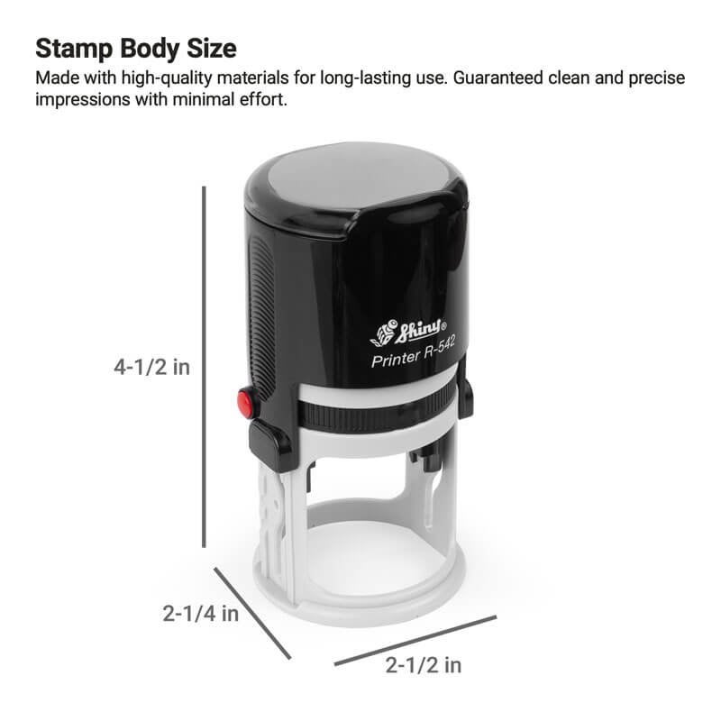Shiny Printer R-542 self-inking round stamp displayed upright with labeled dimensions—4-1/2" tall, 2-1/2" wide, and 2-1/4" deep