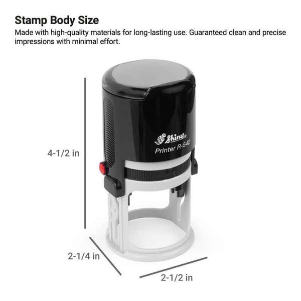 Shiny Printer R-542 self-inking round stamp displayed upright with labeled dimensions—4-1/2" tall, 2-1/2" wide, and 2-1/4" deep