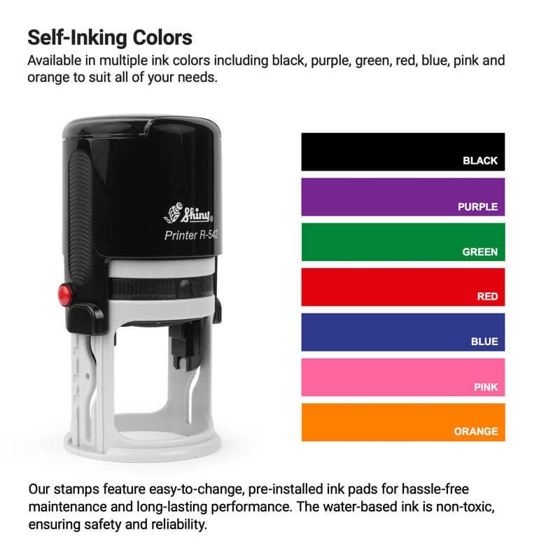 Self-inking stamp with a chart of color choices, highlighting non-toxic ink pads in a variety of vibrant shades: black, purple, green, red, blue, pink, and orange