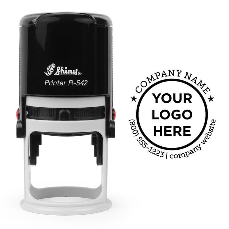 Shiny R-542 stamp positioned next to a sample circular logo impression with placeholder text