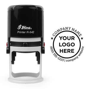 Shiny R-542 stamp positioned next to a sample circular logo impression with placeholder text