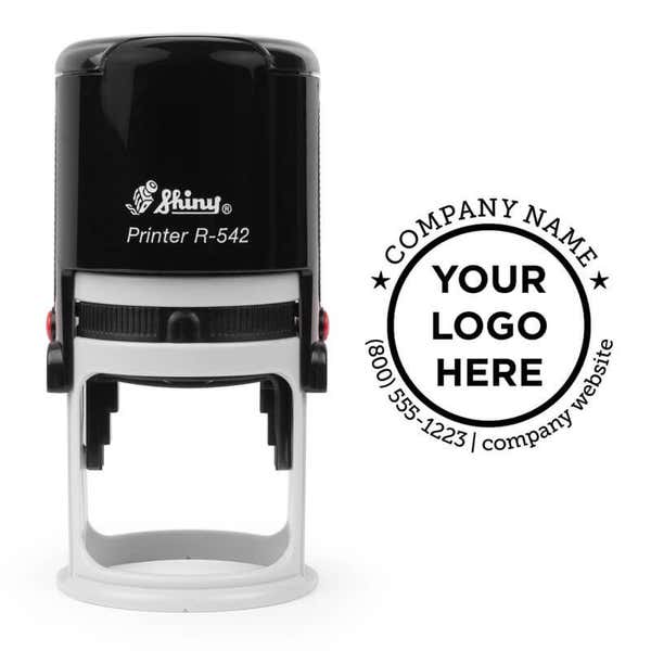 Shiny R-542 stamp positioned next to a sample circular logo impression with placeholder text