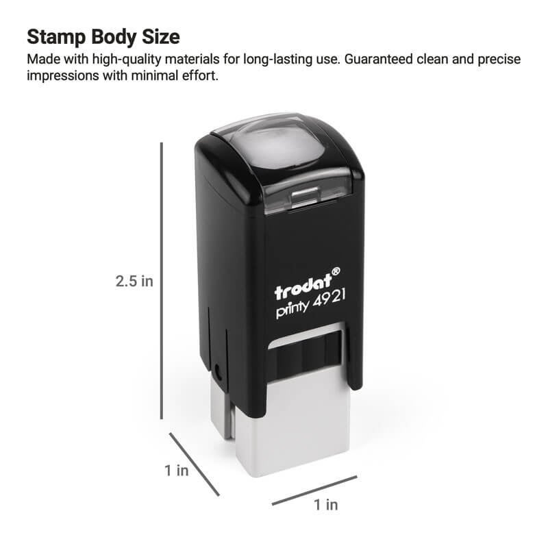Black Trodat Printy 4921 self-inking stamp with labeled body dimensions of 2.5" height and 1" width