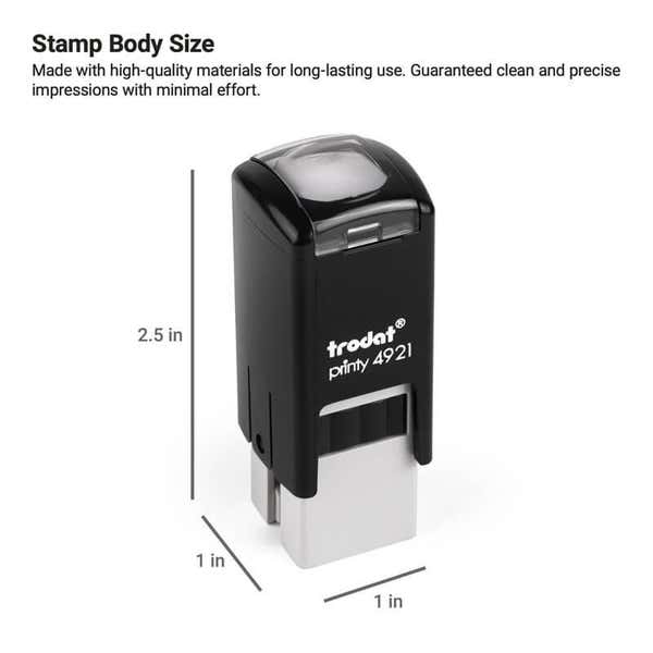 Black Trodat Printy 4921 self-inking stamp with labeled body dimensions of 2.5" height and 1" width