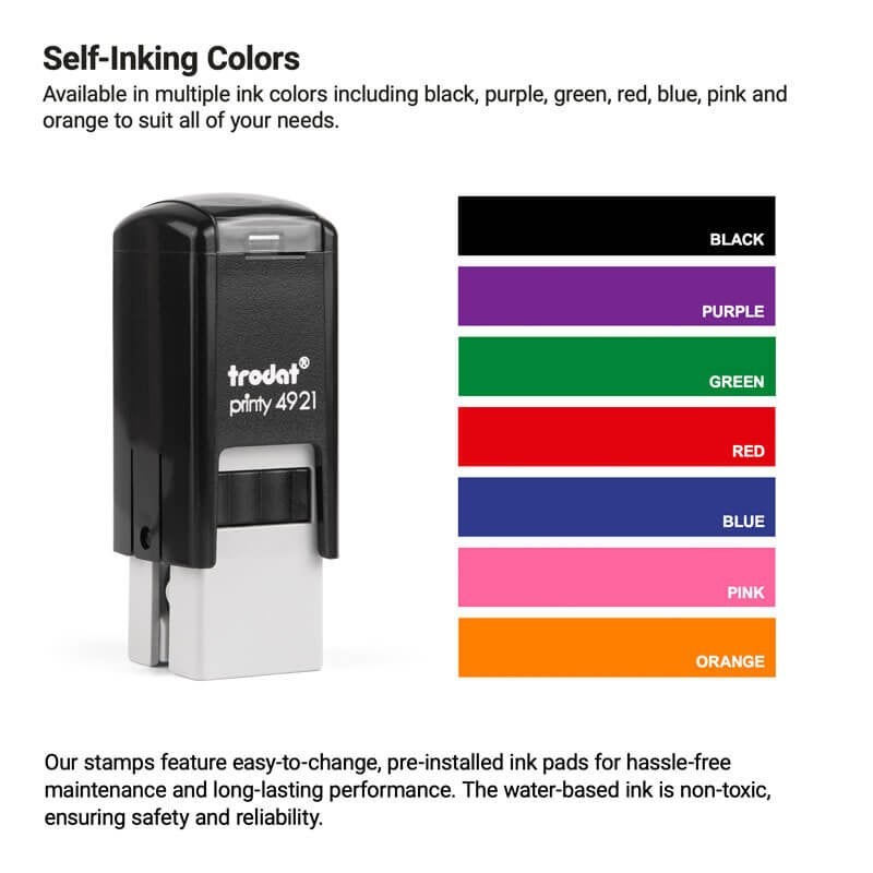 stamp next to swatches of available ink colors including black, blue, red, green, pink, orange, and purple for customization