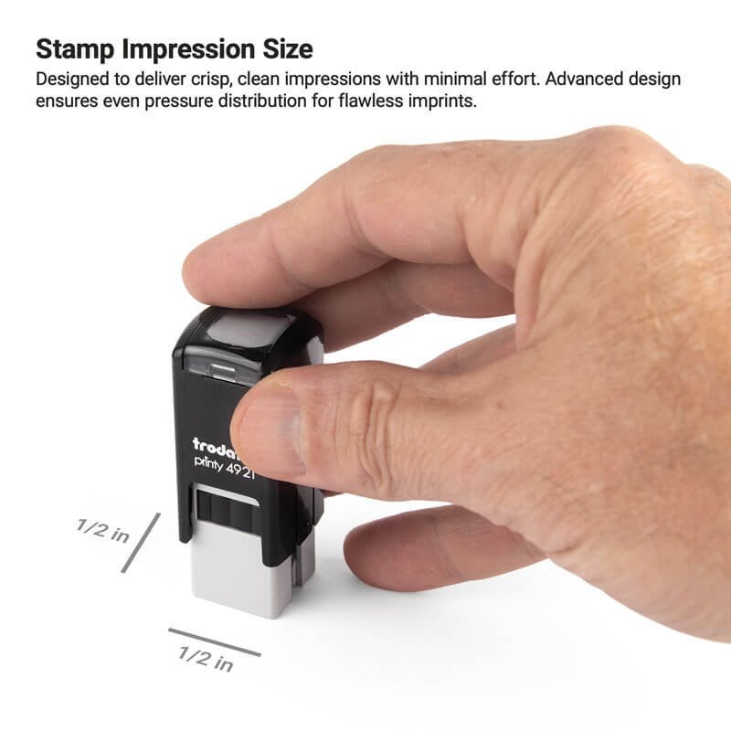 Close-up of a hand using the Trodat Printy 4921 stamp to make a 1/2" square imprint