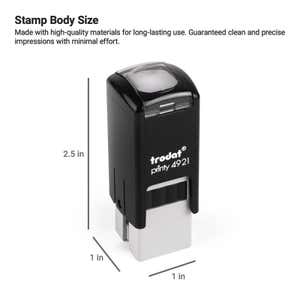 View of the Trodat Printy 4921 stamp with size dimensions of 2.5 inches tall by 1 inch wide