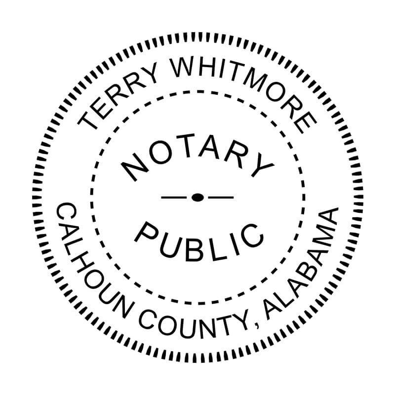 Alabama notary public stamp with circular layout and county and name personalization.