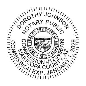 Arizona notary public seal with commission number, county, and expiration date in a circular layout.