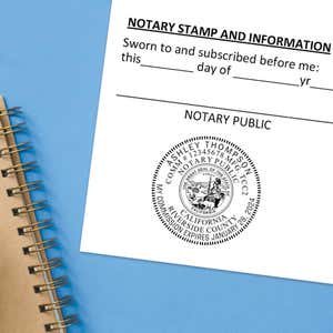 California Round Notary Stamp impression at the bottom of a document with a blue background
