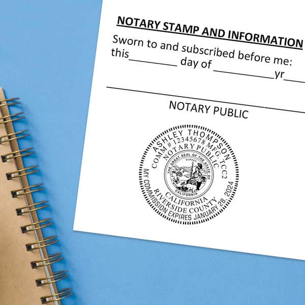California Round Notary Stamp impression at the bottom of a document with a blue background